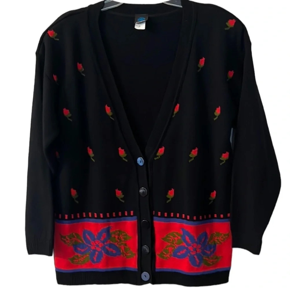Women’s Vintage Oversized Open Front Black Floral Cardigan. Button Down. SzS